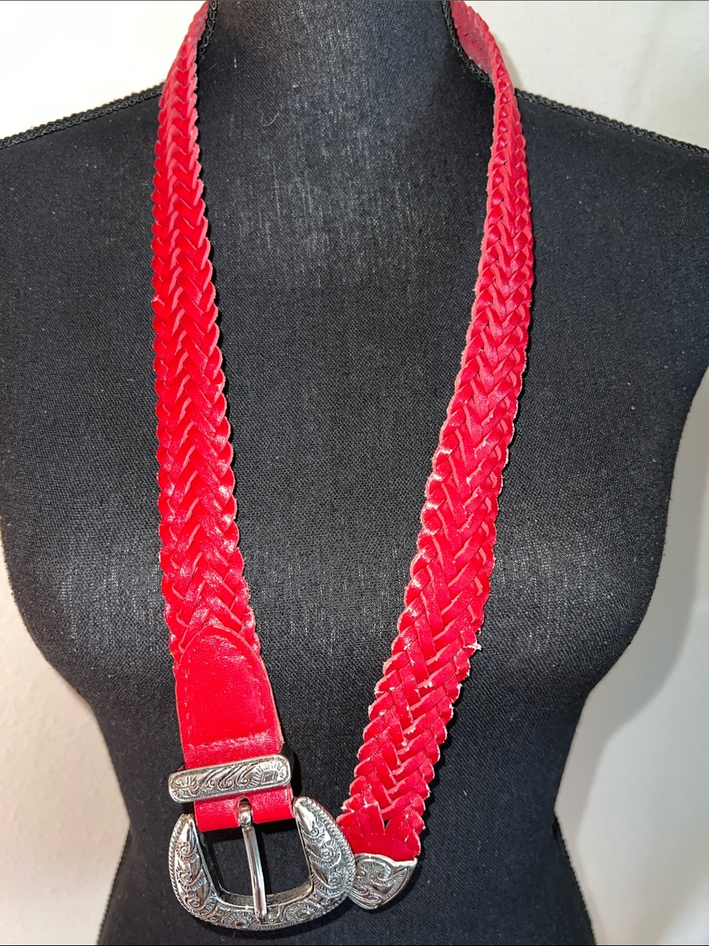 Milor Women’s Vintage Red Weave Leather Adjustable Belt Silver Western Buckle Sm - Picture 8 of 15